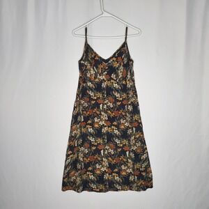 Peruvian Connection Floral Slip Dress 4 Black Orange Green V-Neck Pocket Midi